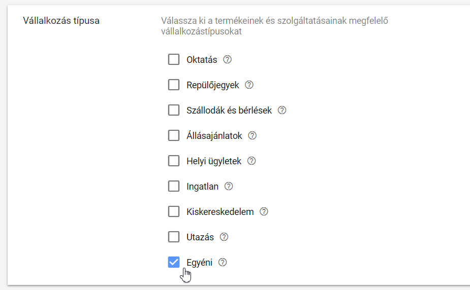 Google Ads üzlettípus kiválasztása