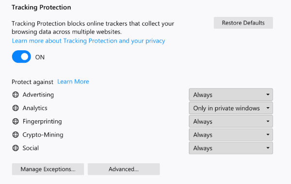 Firefox 63 Tracking Protection beállítások